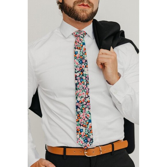 Men's Skinny Tie Floral Print Cotton Necktie Great for Weddings Abyss - Picture 3 of 8